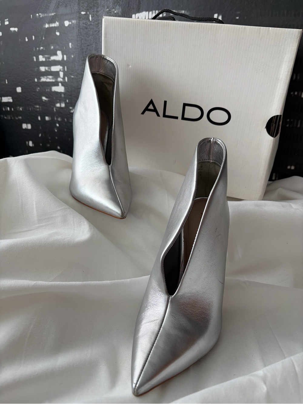 Aldo Metallic Silver Pointed V-Cut Ankle Boots